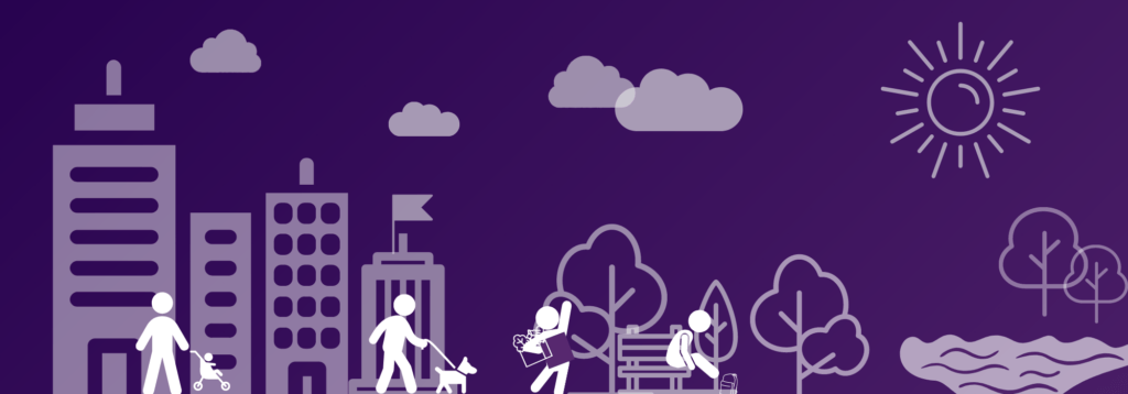 graphic on a purple background. There are illustrations of a cityscape on the bottom half and a sun and clouds above. People are walking through the city, one with a stroller, another walking a dog, one holding groceries and one sitting on a bench with a backpack on the ground.