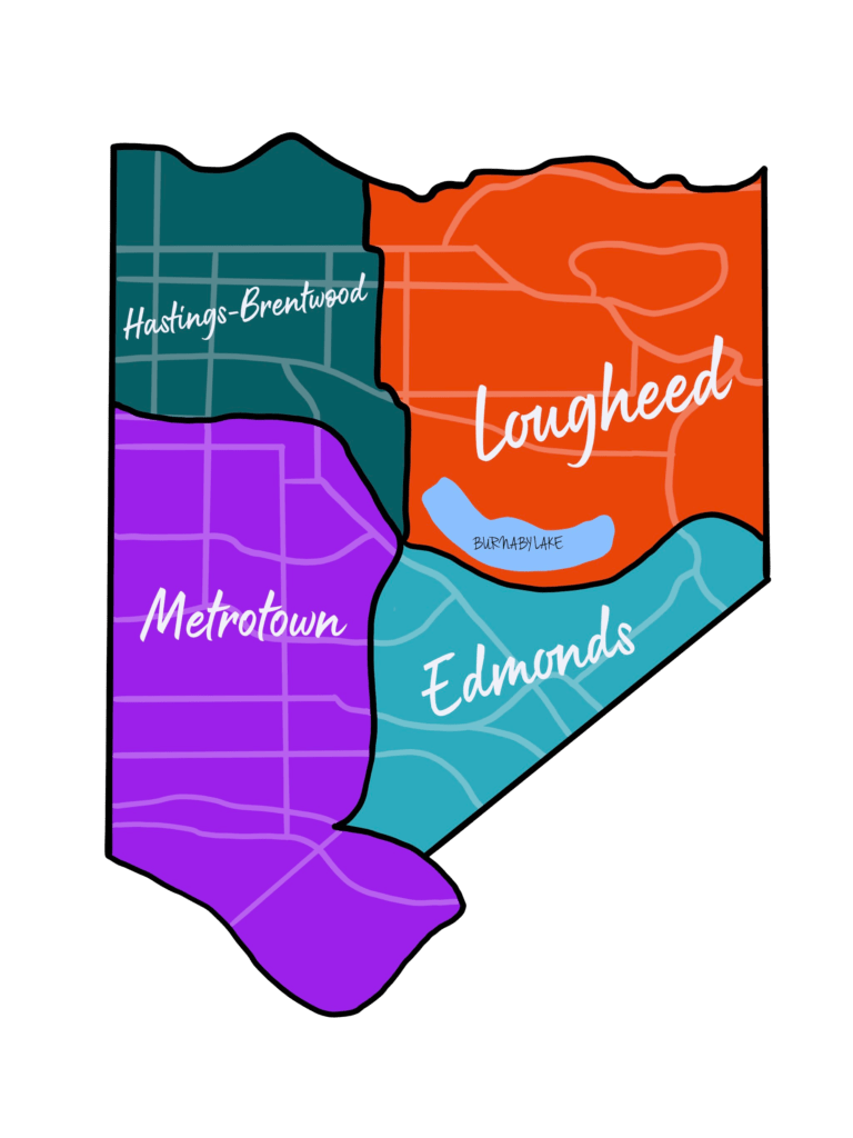 map of Burnaby sectioned into quadrants: Hastings-Brentwood, Lougheed, Edmonds and Metrotown