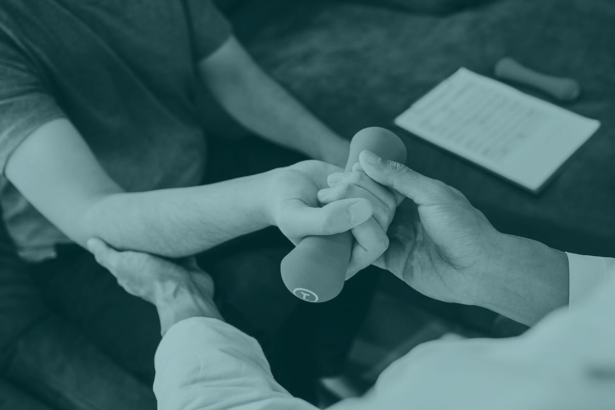 Banner for PCN physiotherapy services. Photo of a physiotherapist working with a client holding a free weight.