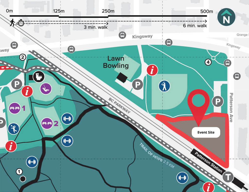 Central Park map with event zone outlined just north of Patterson station